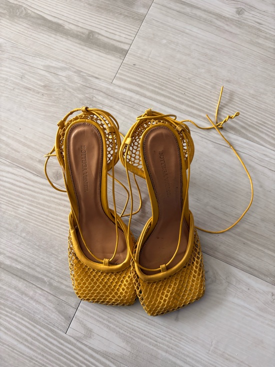 Bottega Veneta Shoes - Bottega Veneta Mustard Yellow Lace-Up Mesh Mules